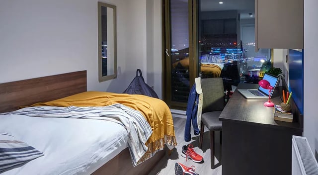 Bed desk and window view Bedroom at Cumberland Place in Southampton Student Accommodation