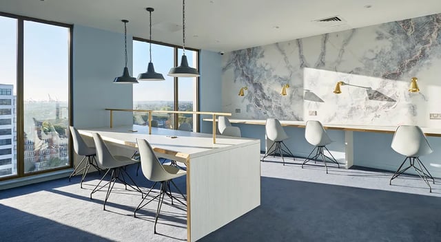 Modern study desks with chairs marble wall design study area at Cumberland Place in Southampton Student Accommodation