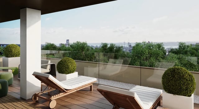 Wooden loungers green plants balcony exterior at Cumberland Place in Southampton Student Accommodation
