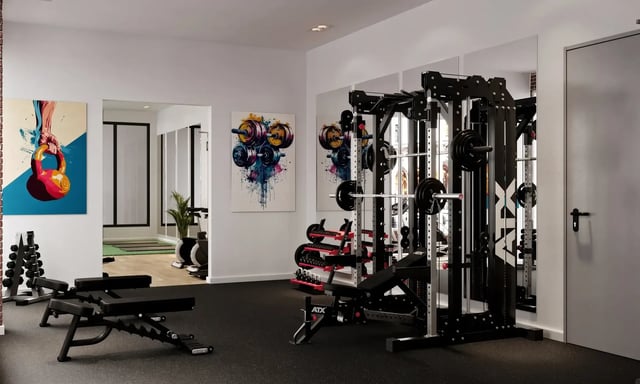 Gym equipment weights bench and artwork gym. at Telephone House in Dundee Student Accommodation