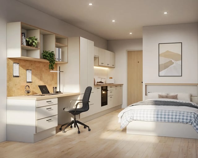 Desk bed kitchen and office chair studio apartment at Telephone House in Dundee Student Accommodation