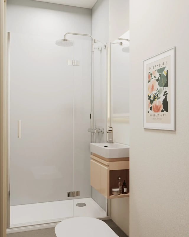 Shower sink and artwork adorn this bathroom at Telephone House in Dundee Student Accommodation