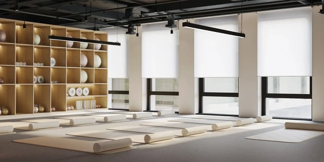 Yoga mats bolsters and storage shelves yoga studio at Telephone House in Dundee Student Accommodation
