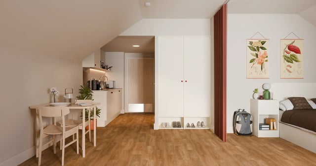 Dining table kitchen unit closet bed bedroom at Valerian in York Student Accommodation