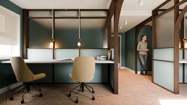 Two chairs desk and lamps study area at Valerian in York Student Accommodation