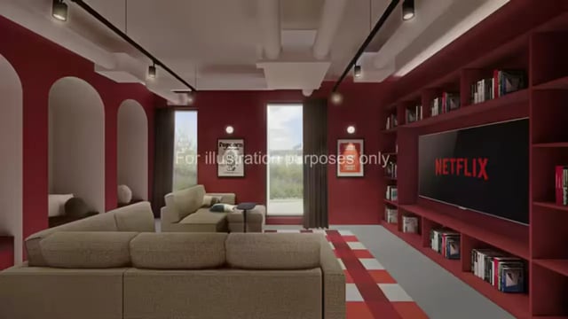 Comfortable couches bookshelves and Netflix screen living room at City Wharf in Glasgow Student Accommodation