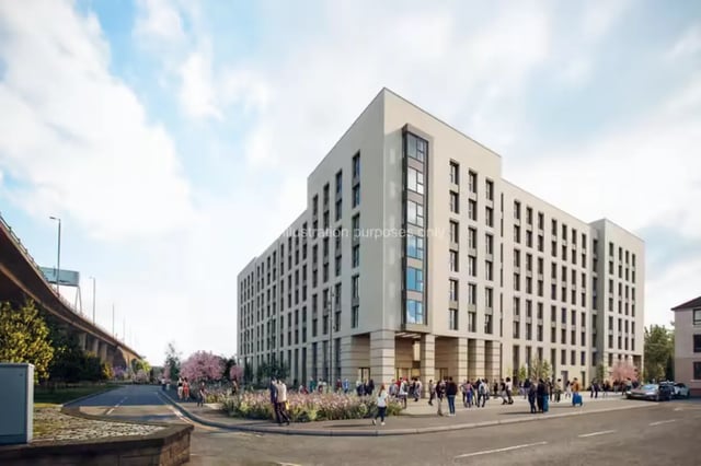 Modern student accommodation building with many windows exterior at City Wharf in Glasgow Student Accommodation