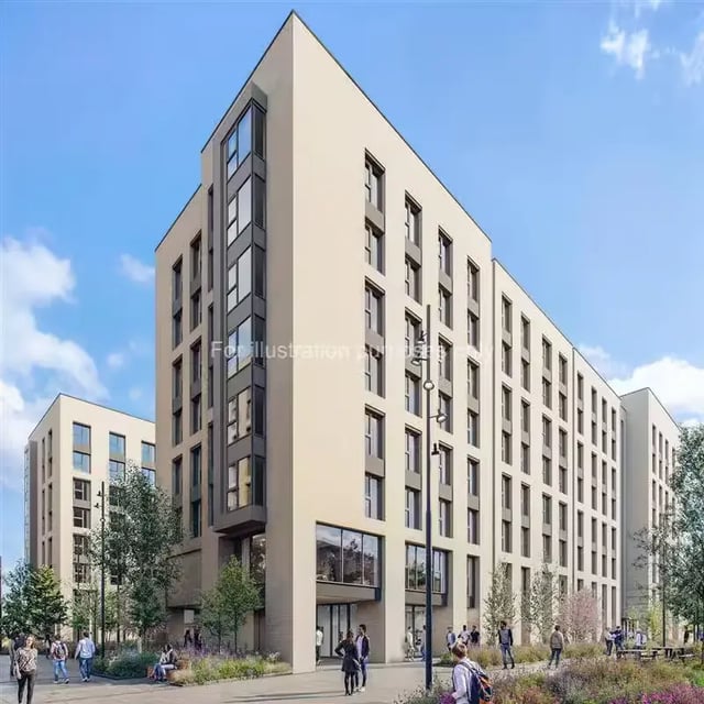 Modern beige student accommodation buildings with people outside exterior at City Wharf in Glasgow Student Accommodation