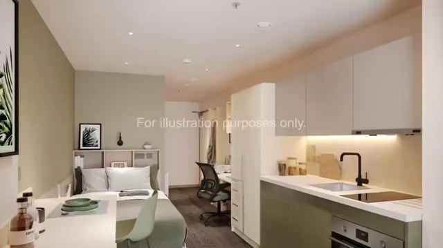 Bed desk chair and kitchen area studio at The Malt Works in Edinburgh Student Accommodation