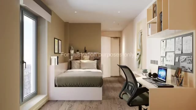 Bed desk chair shelves and window Bedroom study area at The Malt Works in Edinburgh Student Accommodation