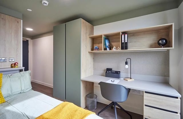 Bed desk and wardrobe Bedroom at Regatta Place in Durham Student Accommodation