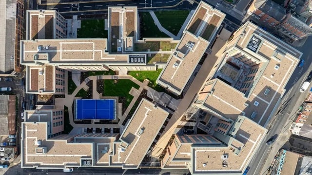 Aerial view student accommodation complex blue court exterior at Centre Court in Nottingham Student Accommodation