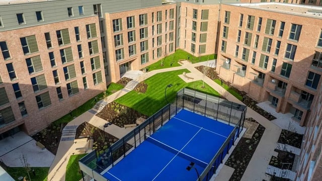 Modern student housing complex with courtyard and court at Centre Court in Nottingham Student Accommodation