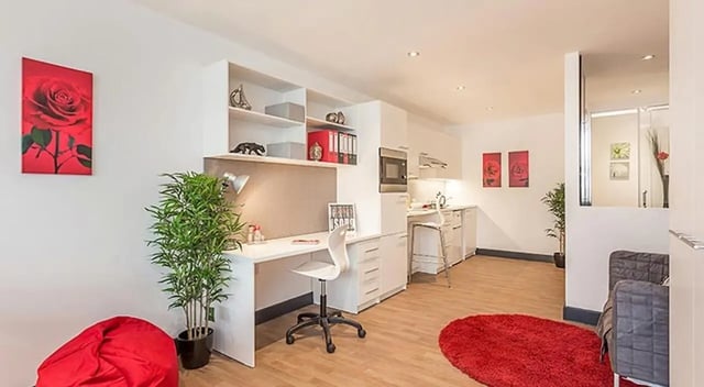Desk plant beanbag kitchen living room at Marland House in Southampton Student Accommodation