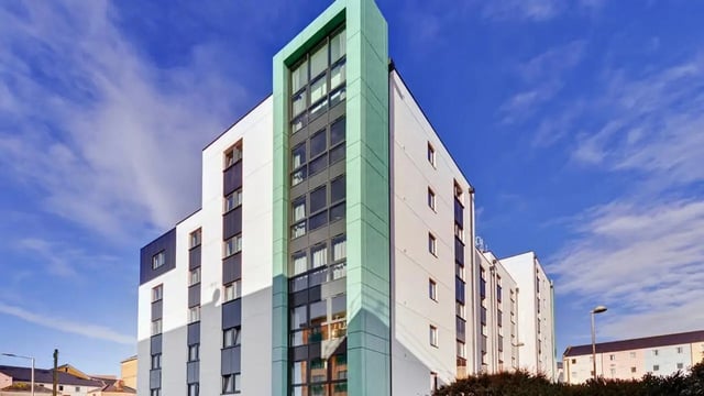 Modern student accommodation building with balconies exterior at The Old Dairy in Plymouth Student Accommodation