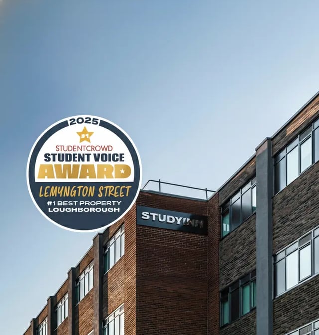 Award badge on brick student accommodation exterior exterior at Study Inn Loughborough - Lemyngton Street in Loughborough Student Accommodation