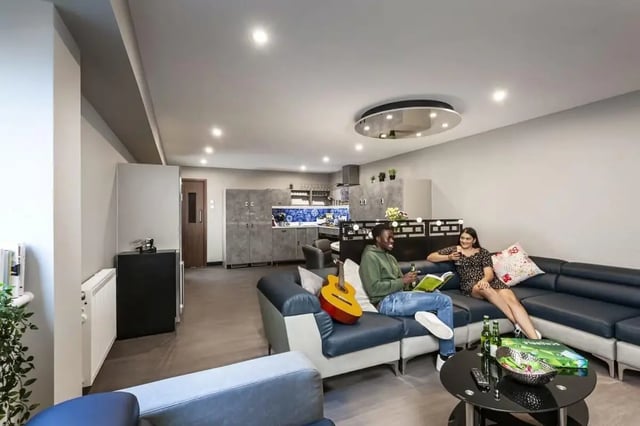 Sofa guitar coffee table Scrabble living room at Study Inn Talbot Street Nottingham in Nottingham Student Accommodation