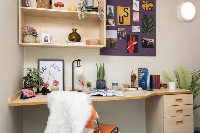 Desk with plants, art, books, and chair study area at Archways in Sheffield Student Accommodation