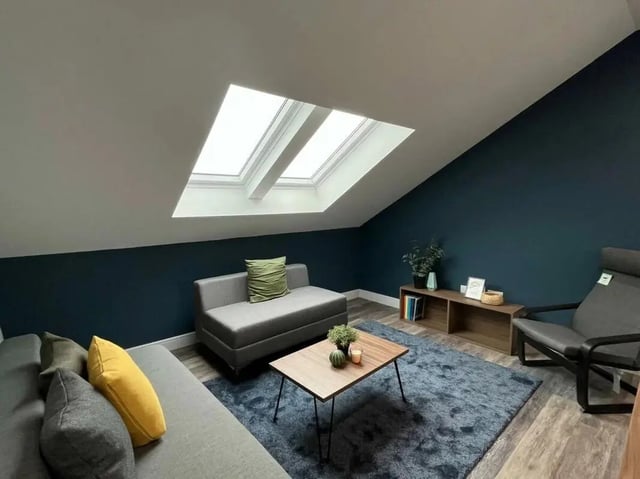 Sofas coffee table chair skylights living room at Commercial Point Nottingham in Nottingham Student Accommodation