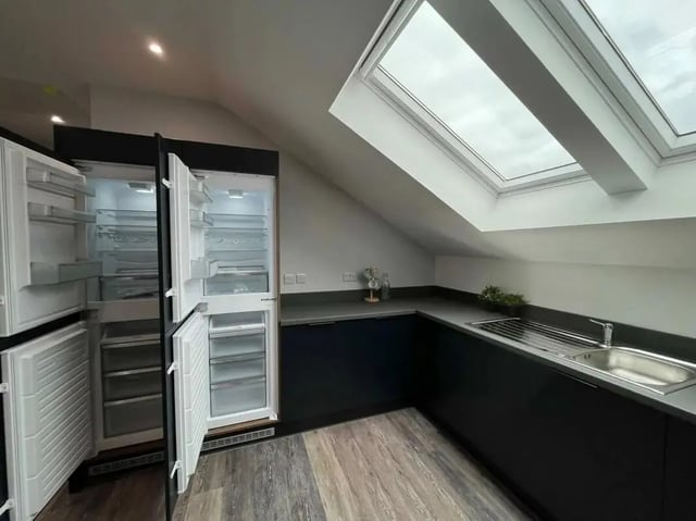 Open refrigerator sink skylight kitchen at Commercial Point Nottingham in Nottingham Student Accommodation