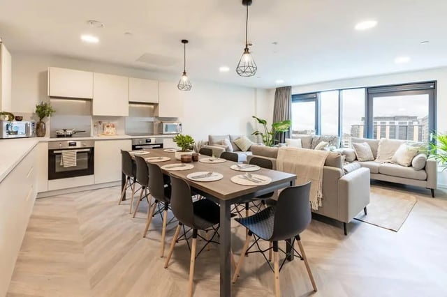 Modern kitchen dining and living area living room at The Place in Nottingham Student Accommodation