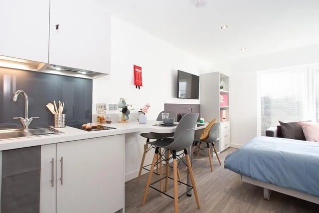 Kitchen dining area and bed studio apartment at The Laceworks Nottingham in Nottingham Student Accommodation