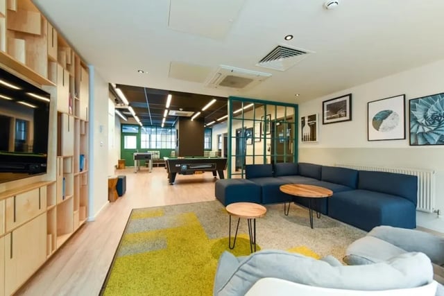 Pool table and sofa in communal area living room at Laycock Studios in Sheffield Student Accommodation