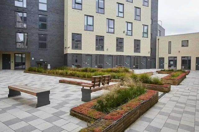 Benches and planters in courtyard exterior at Laycock Studios in Sheffield Student Accommodation