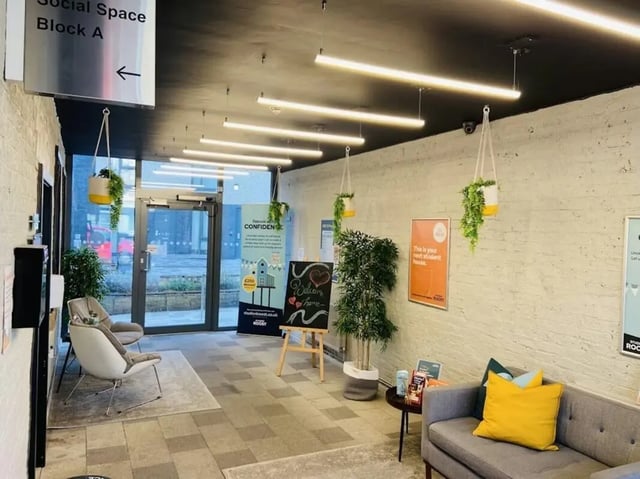 Chairs sofa plants signage welcome board common area at Laycock Studios in Sheffield Student Accommodation