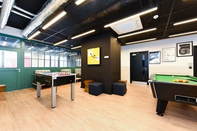 Foosball table pool table seating pictures living room at Laycock Studios in Sheffield Student Accommodation