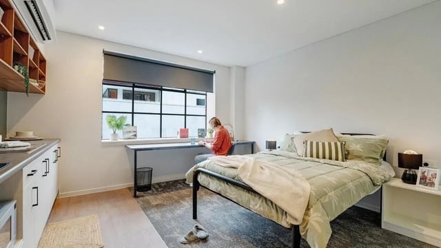 Bed study area kitchen bedroom study area bedroom at UniLodge Auckland Central in Auckland Student Accommodation