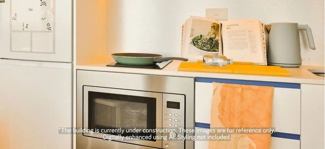 Microwave kettle and open cookbook kitchen at Scape Ascot in Sydney Student Accommodation