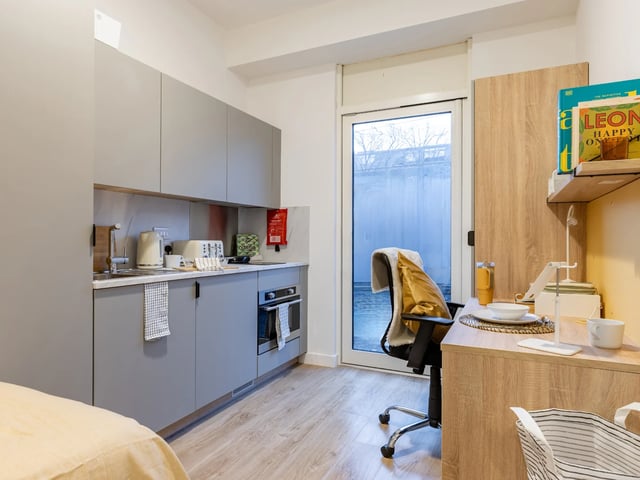 Kitchen study area and desk with chair at Beckton House in Nottingham Student Accommodation