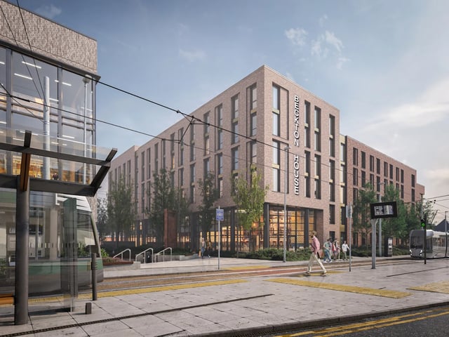 Beckton House building and tram exterior at Beckton House in Nottingham Student Accommodation
