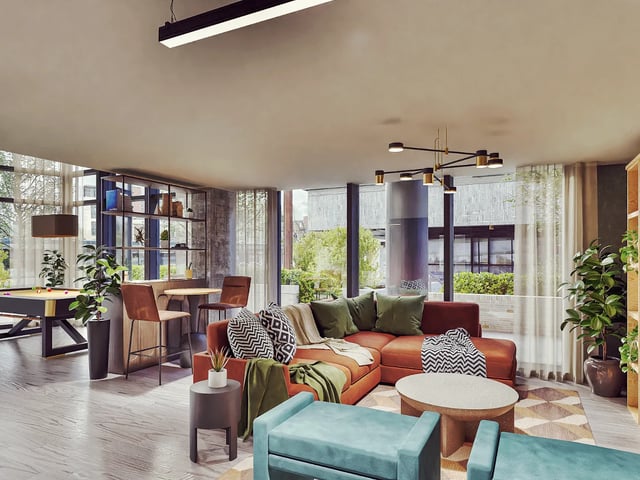 Sofa pool table chairs and plants living room at Beckton House in Nottingham Student Accommodation
