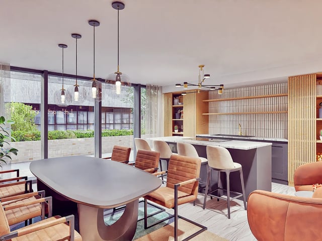 Dining table island stools bar kitchen area at Beckton House in Nottingham Student Accommodation