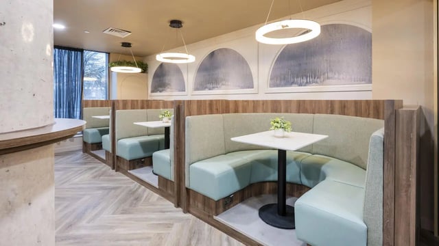 Booth seating with tables communal dining area at The Sail Works in Lancaster Student Accommodation