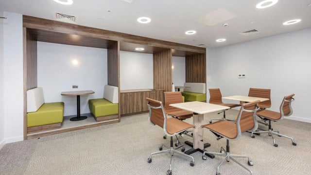 Seating pods tables and chairs common area at The Sail Works in Lancaster Student Accommodation