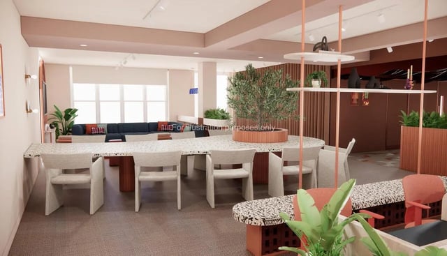 Shared dining table with chairs lounge and plants lounge at Selly Oak Court in Birmingham Student Accommodation
