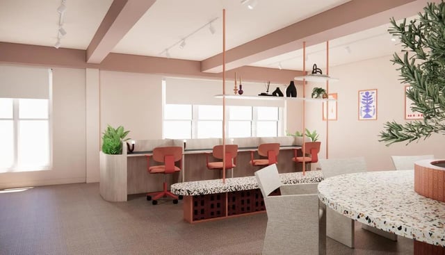 Student study desks with chairs and plants Study area at Selly Oak Court in Birmingham Student Accommodation