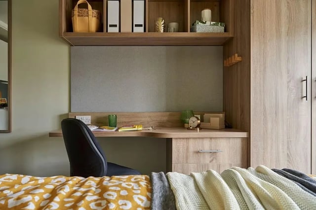 Desk chair shelf clock bedside blanket bedroom at Selly Oak Court in Birmingham Student Accommodation