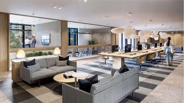 Two sofas long table with computers study area at West Tower, Melbourne Quarter in Melbourne Student Accommodation