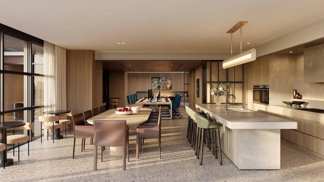 Dining tables chairs study area kitchen common space at WeAreLiving Preston in Melbourne Student Accommodation