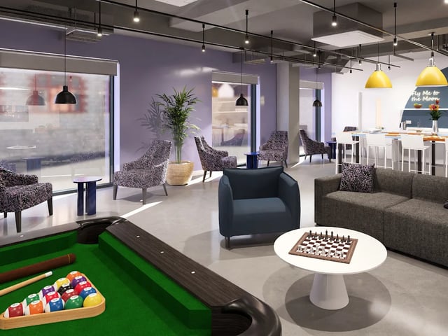 Billiard table chess board and seating common area at Croft Court in Bristol Student Accommodation