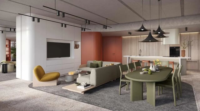 Sofa dining table kitchen island living room at Indi Footscray in Melbourne Student Accommodation