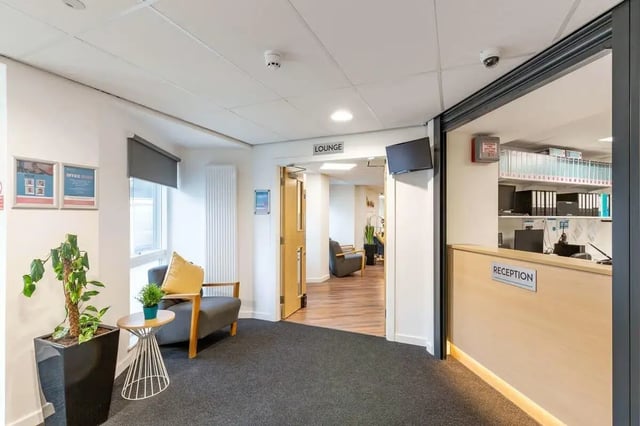 Lounge reception with chairs plant and posters interior at Hollingbury House in Brighton Student Accommodation
