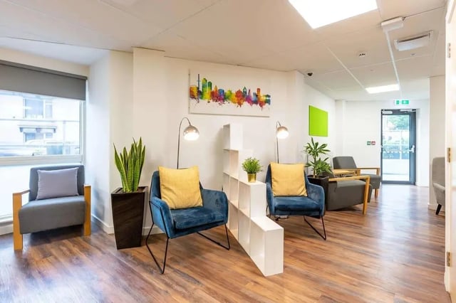 Two chairs plants and artwork communal area at Hollingbury House in Brighton Student Accommodation