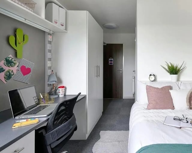 Desk with laptop cactus decor bed Bedroom at Frobisher House in Plymouth Student Accommodation