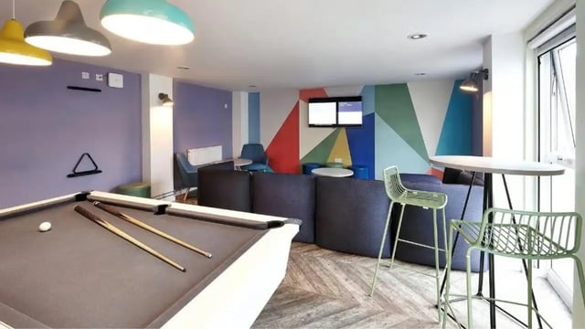 Pool table lounge area seating and bar stools lounge area at Frobisher House in Plymouth Student Accommodation