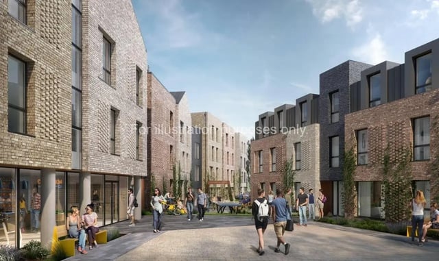 Modern brick buildings with people outside exterior at Stellaris in Cambridge Student Accommodation